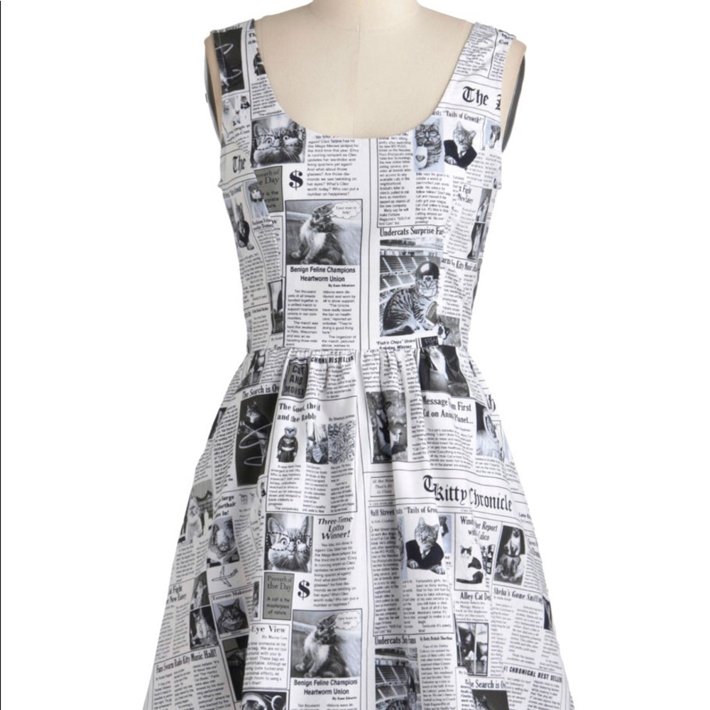 ModCloth/Retrolicious Cat Newspaper Print Dress